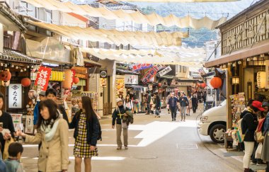 Turistler alışveriş caddesi Miyajima seyahat.