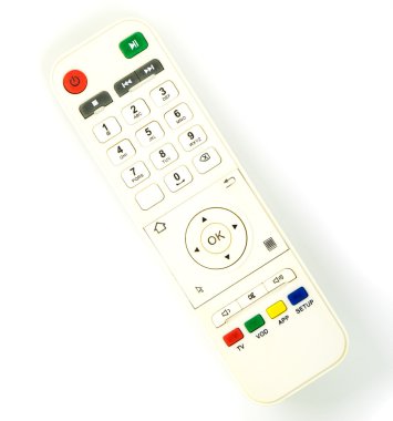 Beyaz Tv kutusu eğlence uzaktan kumanda üzerinde beyaz izole.