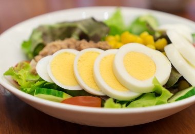 Yumurta beyaz tabakta Japon ton balığı salatası