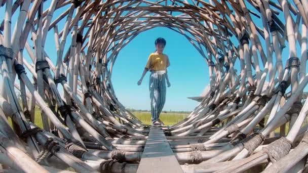 アジアの少女は 自由旅行の概念の背景に自然のフィールドと木製のトンネルを歩く — ストック動画