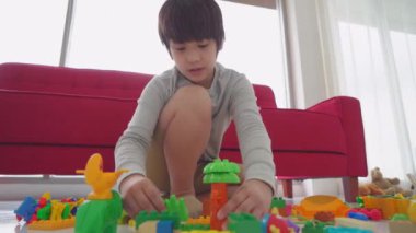 Küçük Asyalı çocuk yere renkli tuğla oyuncağı yapıyor. Arka planda oturma odası kanepesi var..