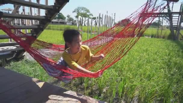 Asyalı Bir Kız Çocuğu Doğayı Rahatlatan Çeltik Tarlalarıyla Çevrili Bir — Stok video