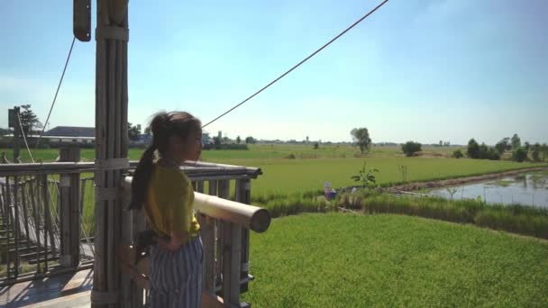 Азійська Дівчинка Стоїть Фермі Доглядає Природою Таїланді — стокове відео