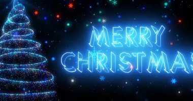 4K Parlayan Noel ağacı, yoğun bir kar yağışı altında Mutlu Noeller mesajı ile birlikte düşüyor. Ödüller, Yıldönümü, Yeni Yıl, Noel ve Festival için parçacıkların ışık ve kar taneleri ile tatil arkaplanı.