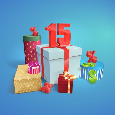 Vector gift boxs with the symbol of discounts 15 %