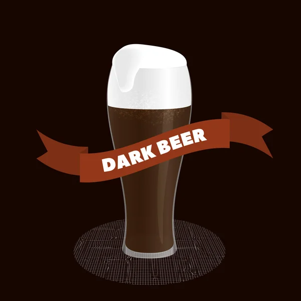 Sklo tmavé pivo s pěnou a pásek v popředí — Stockový vektor