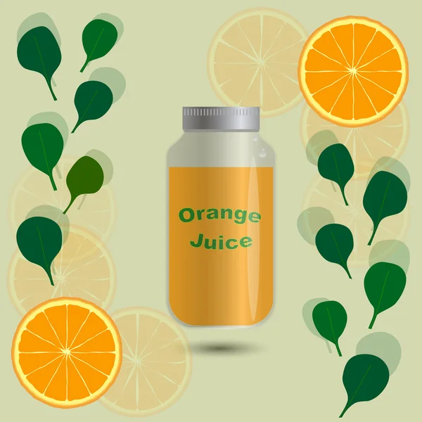 Sinaasappelsap in een pot (fles) op een achtergrond met bladeren en stukjes sinaasappel — Stockvector