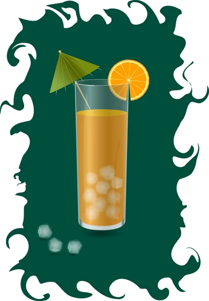 Orangensaft im Glas mit Orangenscheibe, Eiswürfeln und einem Cocktailschirm — Stockvektor