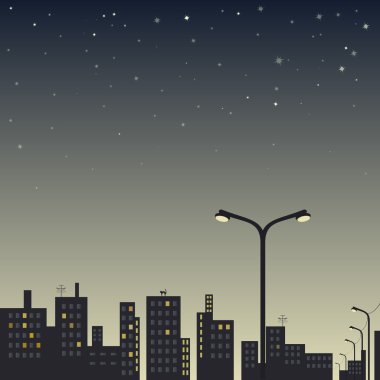 sokak lambası ön planda ve Gökyüzündeki yıldızlar ile gece kenti
