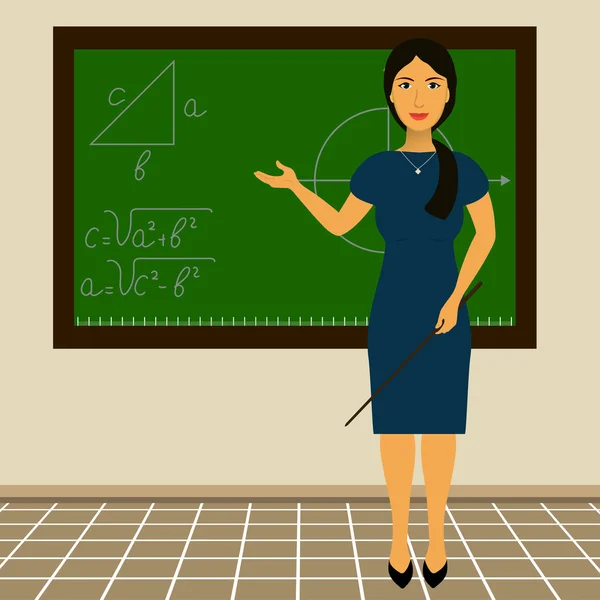 Enseignant debout au tableau noir avec un pointeur à la main — Image vectorielle