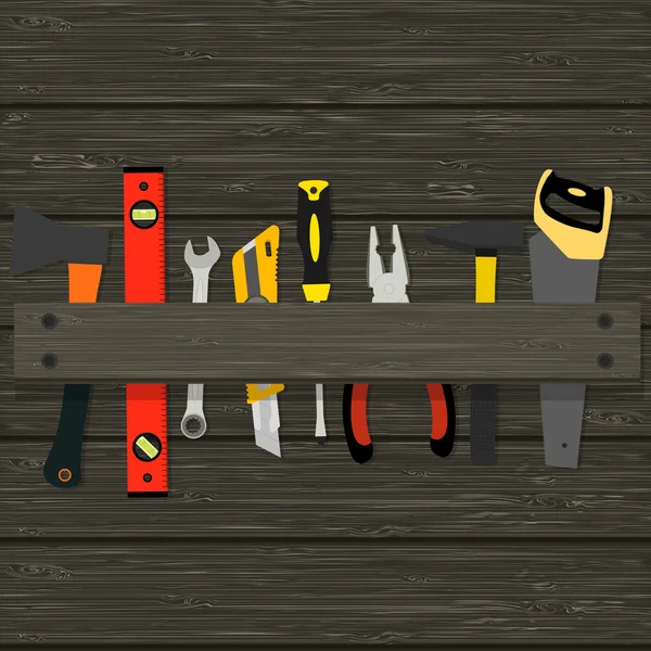 Martillo de imagen, alicates, hachas y otras herramientas para la construcción y reparación de una textura de madera — Vector de stock