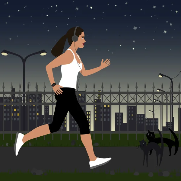 Spuštění dívka s sluchátka v sportswear na pozadí města v noci. V pozadí, jsou pouliční osvětlení, dům, hvězdy na obloze — Stockový vektor