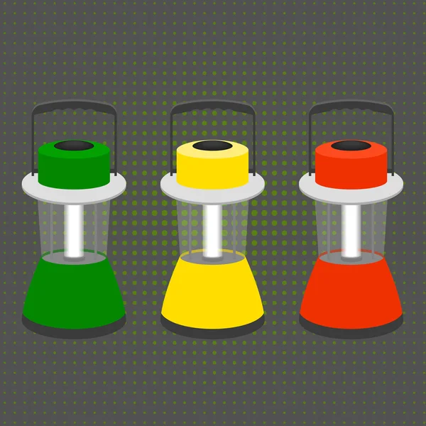 Drei große Desktop-Taschenlampen in den Farben einer Ampel — Stockvektor