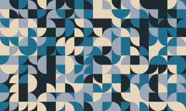 Gök mavisi, bej, koyu mavi yarı daireler ve karelerle soyut geometrik desen. Modern orta yüzyıl tasarımı arka plan, web siteleri, tekstil ve markalaşma için idealdir..