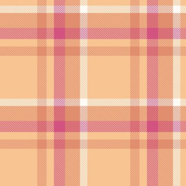 Şeftali, pembe ve beyaz renklerinde birbirine geçmiş çizgiler içeren sıcak ekose desenli bir desen. Tekstil tasarımı, moda veya festival dekoru için çok yönlü arkaplan.