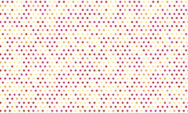 Beyaz arkaplanda kırmızı, altın ve bej tonlarında küçük, çok renkli noktaların ince, tekrarlayan motifini içeren soyut geometrik desen.