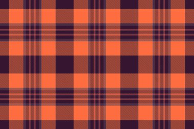 Canlı, geometrik tekstil deseni. Ilık turuncu ve koyu mor tonlara sahip dokunmuş, kareli bir tasarım, arka plan ve sonbahar temalı projeler için mükemmel..