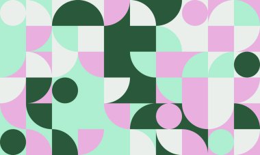 Pastel pembe, nane yeşili ve koyu yeşil yarı daireler ve kareler içeren soyut geometrik desen. Modern, minimalist tasarım özgeçmiş, tekstil, web sitesi afişleri ve sosyal medya için idealdir.