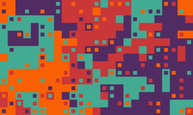 Canlı turuncu, deniz mavisi ve mor karelerden oluşan soyut geometrik desen. Teknoloji, tasarım ya da modern altyapı için ideal. Veri akışını, dijital teknolojiyi veya soyut sanatı temsil eder.