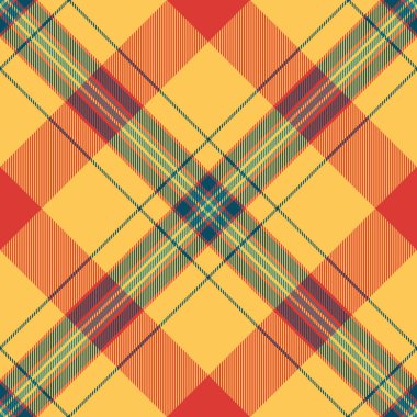 Sıcak ve davetkar ekose desenli. Klasik ekose desenli sarı, kırmızı ve deniz mavisi, tekstil tasarımı, arka plan veya dijital sanat için mükemmel. Sıcak, sade bir his yaratır..
