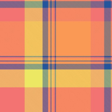 Turuncu, sarı, mercan ve maviyle kesişen çizgilerle canlı ekoseli desen. Tekstil tasarımı, moda, paketleme veya grafik tasarım projeleri için renkli arkaplan.