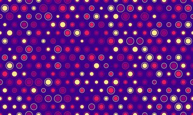 Derin mor bir arka planda renkli dairelerin canlı ve soyut deseni. Web sitesi geçmişi, tekstil tasarımı, oyuncu markalaşma veya herhangi bir projeye biraz retrochic eklemek için mükemmel..