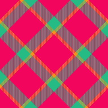 Parlak pembe, yeşil ve turuncu renkli canlı ekose desenli. Çapraz çizgileri olan kusursuz doku, tekstil tasarımı, arkaplan ve modaya uygun projeler için ideal.