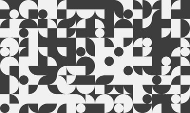 Soyut geometrik monokrom deseni. Tarz sahibi, modern tasarım daireler, kareler ve yarım daireler içeriyor. Arkaplan, tekstil ve çağdaş tasarım projeleri için ideal.