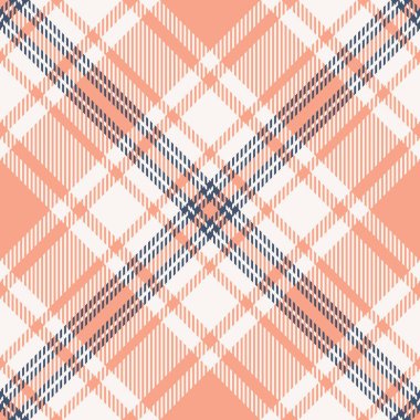 Klasik ekose desen. Şeftalili, lacivert ve kremalı Tartan tekstil tasarımı. Kumaş tasarımı, geçmiş ve moda baskıları için ideal. Zamansız, çok yönlü bir doku..