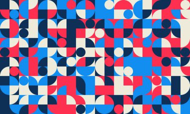 Canlı geometrik soyut arkaplan. Kalın kırmızı, mavi ve krem şekilleri web sitesi afişleri, sosyal medya gönderileri veya yazdırma projeleri için mükemmel dinamik ve modern bir tasarım oluşturur.