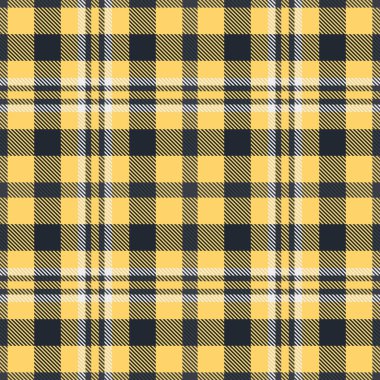 Sarılı, koyu gri ve beyaz çizgili kusursuz ekose desenli. Arka plan, tekstil veya dijital kağıt için uygun klasik tartan tasarımı.