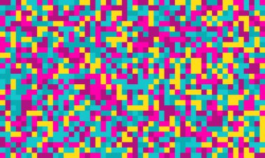 Canlı piksel sanat arka planı. Parlak pembe, deniz mavisi ve sarı kareli soyut geometrik tasarım. Web siteleri, sunumlar veya dijital sanat projeleri için ideal.