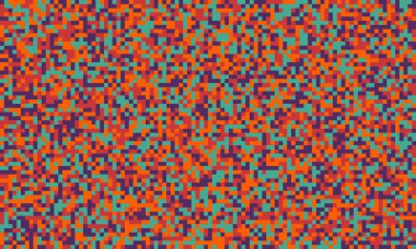 Soyut piksel sanat arkaplanı. Canlı turuncu, deniz mavisi ve mor mozaik desen. Web sitesi tasarımı, teknik temalar, dijital sanat projeleri ve modern tekstil baskıları için ideal.