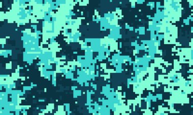 Gök mavisi ve koyu mavi renkte soyut pikselleştirilmiş kamuflaj deseni. Arkaplan, tekstil veya dijital tasarımlar için ideal.