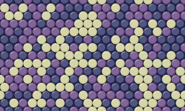 Çapraz zikzak şeklinde dizilmiş mor ve bej dairelerin soyut geometrik deseni. Arkaplan, tekstil, web sitesi tasarımı ve sunum şablonları için ideal.