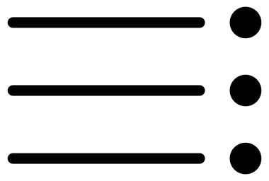 Yatay çubukları ve kurşun noktaları olan minimalist kara liste simgesi. Web tasarımı, uygulama navigasyonu ve organizasyonel kavramlar için mükemmel. Görevleri, seçenekleri ve yapılandırılmış verileri temsil eder.