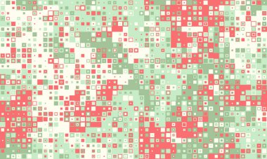 Soyut pastel mozaik desen. Web sitesi geçmişi, tekstil tasarımları veya modern sunumlar için ideal. Kırmızı, yeşil ve beyaz kareler canlı, oyuncu ama sofistike bir estetik oluşturur..