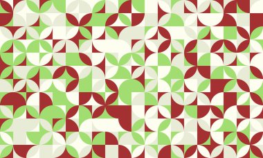 Kırmızı, yeşil ve açık beyaz yarı çember ve karelerin canlı etkileşimini içeren soyut geometrik desen.