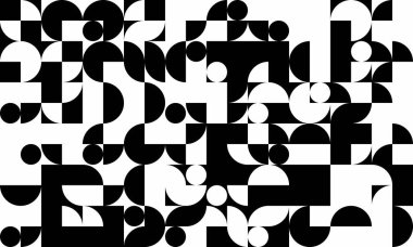 Soyut tek renkli geometrik desen. Tarz sahibi siyah-beyaz daireler ve kareler, arka plan, tekstil veya web tasarımı için ideal dinamik ve modern bir tasarım yaratırlar..