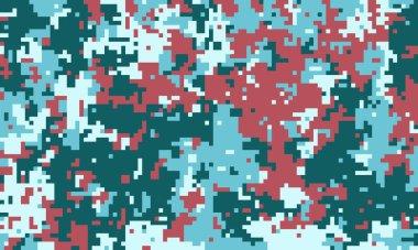 Mavi, kırmızı ve beyaz soyut dijital kamuflaj deseni. Arka plan, tekstil ve modern tasarımlar için mükemmel. Pikselleştirilmiş, desenli bir görünüme ihtiyaç var..