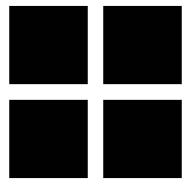 Minimalist geometrik simge, yüksek kontrastlı siyah beyaz dört blokluk bir ızgaraya sahiptir. Yapıyı ve modüleriteyi sembolize ediyor, kullanıcı arayüzü tasarımı, web menüleri ve modern uygulamalar için ideal.