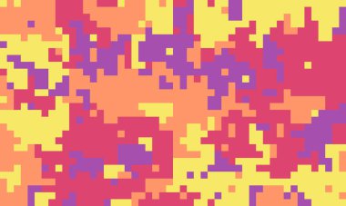 Soyut piksel sanat arkaplanı. Sarı, turuncu, pembe ve mor renkte canlı, sıcak renkli pikselli desen. Web sitesi afişleri, dijital sanat, tekstil tasarımı veya modern sunumlar için ideal.