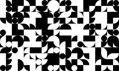 Soyut siyah-beyaz geometrik desen. Daireler, kareler ve yarı daireler içeren tek renkli tasarım, arka plan, tekstil ve modern tasarım projeleri için ideal..