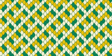 Vibrant geometric textile pattern.  Interlocking green, yellow, and cream scales create a dynamic, repeating design perfect for fashion, web, or print projects.