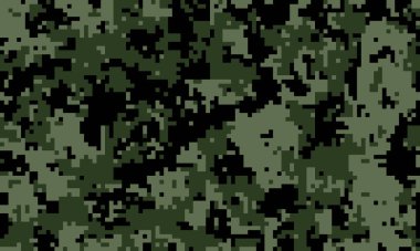 Soyut dijital kamuflaj modeli. Koyu yeşil ve siyah pikselli doku arka plan, web sitesi tasarımı veya askeri temalı projeler için idealdir. Gizlilik, strateji ve gizem uyandırılıyor..