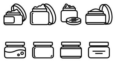 Cilt ürünleri için çeşitli kozmetik kavanozların modern minimalist çizgi simgeleri. Web UI, güzellik markaları ve spa pazarlama malzemeleri için ideal nemlendirici kremler, losyonlar ve jeller..