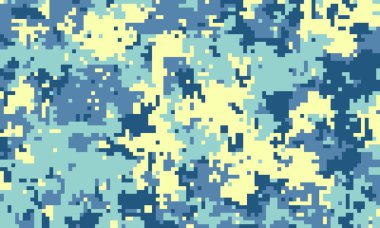Soyut dijital kamuflaj deseni serin mavi ve sarı tonlarda. Arka plan, tekstil veya modern tasarım projeleri için mükemmel..
