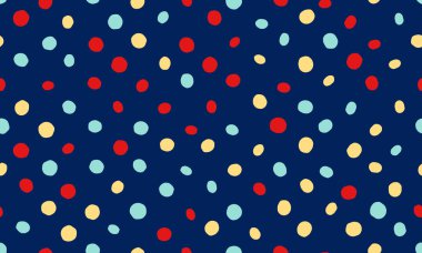 Derin donanma arka planında kırmızı, mavi ve sarı noktalar içeren neşeli konfeti tarzı desenler. Kutlamalar, çocuk tasarımları, tekstil ürünleri ya da canlı web siteleri için mükemmel..