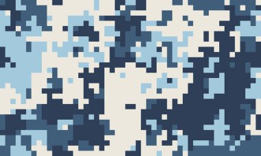 Soyut pikselleştirilmiş kamuflaj deseni soğuk mavi ve açık beyaz tonlarda. Özgeçmiş, tekstil veya dijital projeler için ideal modern, ince dokulu estetik.