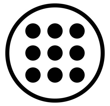 Temiz geometrik simge çemberin içinde dokuz nokta ızgarası gösteriyor. Bu çok yönlü sembol uygulama menüleri ve yapılandırılmış navigasyon, teknoloji arayüzleri ve web sitesi tasarım projeleri için idealdir..
